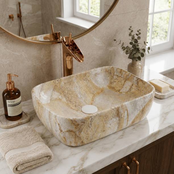 Reyal High Glossy Wash Basin (10" x 14" x 5") Table Top Bathroom Basin Vessel Sink Counter Top Stone Color