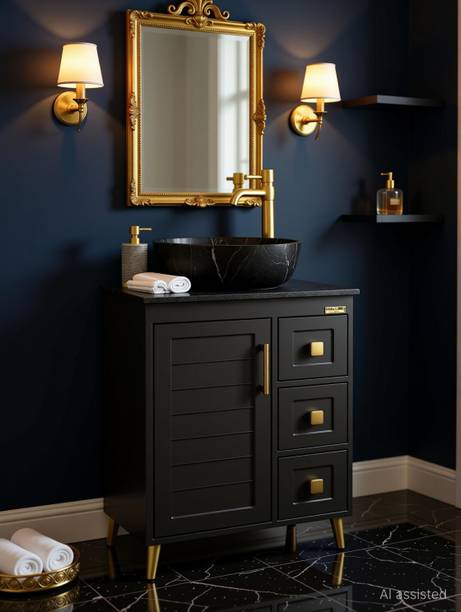 CARENS PU-02 Bathroom Vanity Cabinet with Ceramic Wash Basin | Freestanding 2 Drawer Counter Top