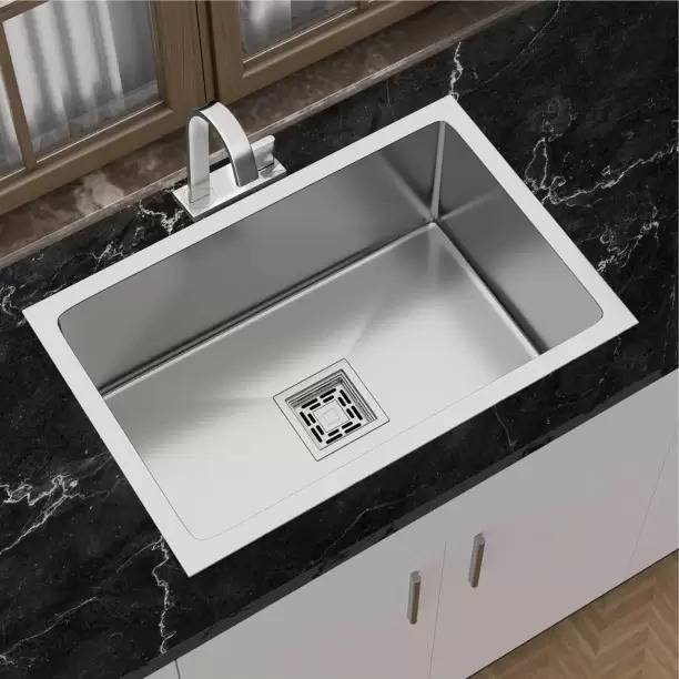 GLOXY Stainless Steel 304, Handmade Single Bowl Kitchen Sink With Basket SS 304 GRADE 24"x18"x10" SINGLE BOWL HANDMADE Kitchen Sink, Satin Finish Vessel Sink