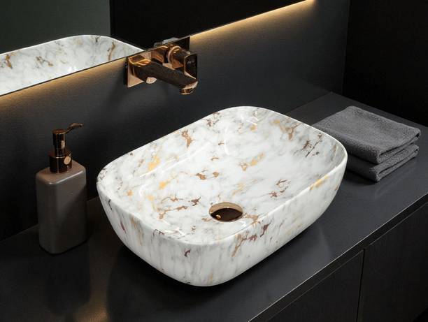 DELTA SANITARYWARE Premium Ceramic Marble Finish Glossy Wash Basin(M14) Designer RJ-1001 GLOSSY Table Top Basin