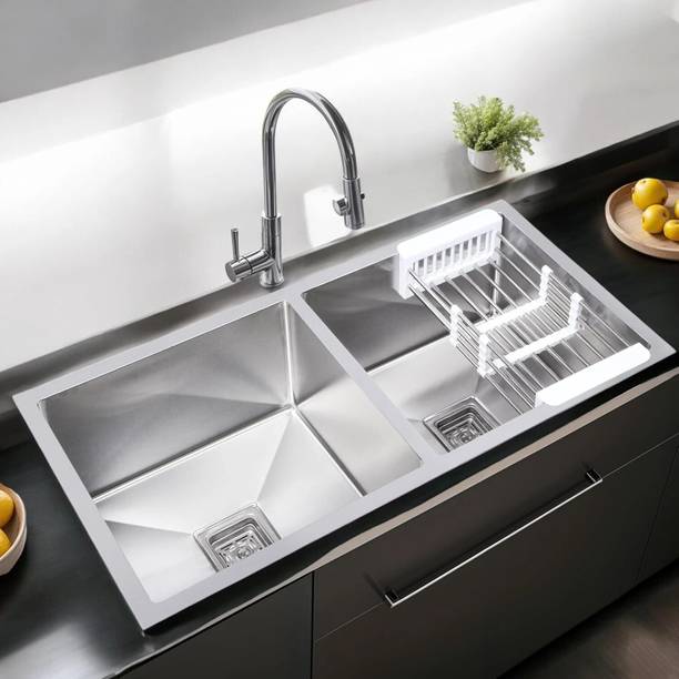 chirag 37x18x10 Kitchen Sink 37 Inches Double Bowl Handmade SS304 Stainless Steel Sink CSS3718M Vessel Sink