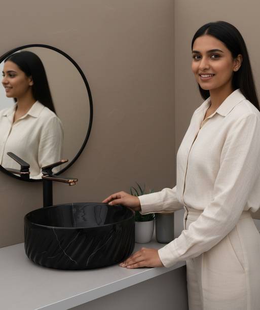 KAYRA Round Wash Basin Countertop | Tabletop Ceramic Bathroom Sink | PLUTO 160 Table Top Basin