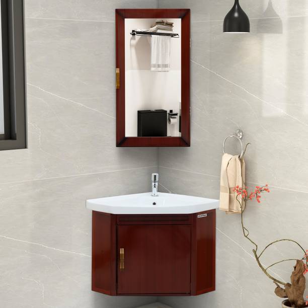 Plantex Wall Mount Vanity Cabinet with Washbasin and Mirror/Corner Basin Waste Coupling/Cabinet for Bathroom Organizer - (461, Brown) Wall Hung Basin