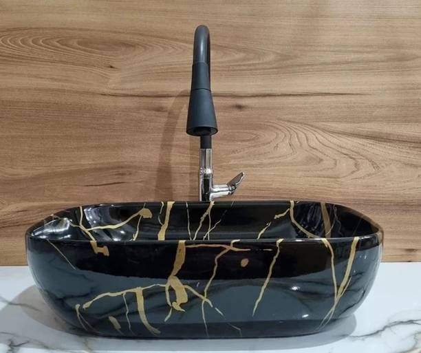 MOZATO Very Stylish Black & Gold Designer Ceramic Wash Basin / (46*32.5*14) cm (super glossy finish) premium designer wash basin / Table Top Basin