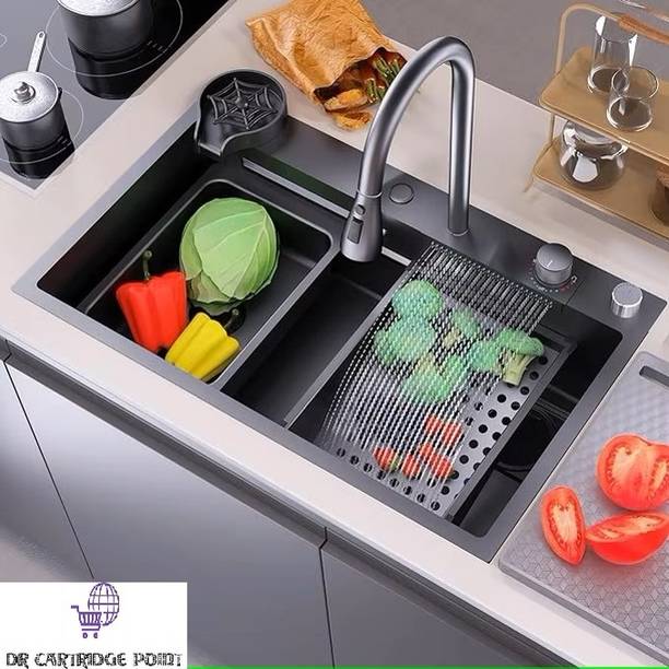 DR CARTRIDGE POINT Luxurious Kitchen Sink with Integrated Waterfall and Pull-down Faucet (30x18x9 inch - Black Nano Coating), High Grade Stainless Steel Vessel Sink