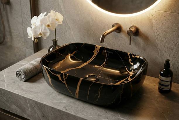 Nerobi Wash Basin Countertop,Tabletop Ceramic Bathroom Sink/Basin. Black,Golden 911 Table Top Basin