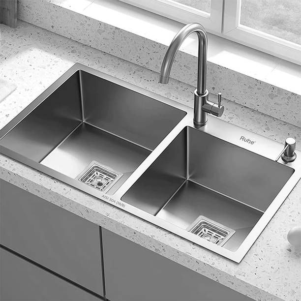 RUHE 304 Grade Stainless Steel Handmade Double Bowl Kitchen Sink with Hole 32x18x10 Inches Matt Finish Including Waste Coupling, Pipe, Fruit Basket Vessel Sink