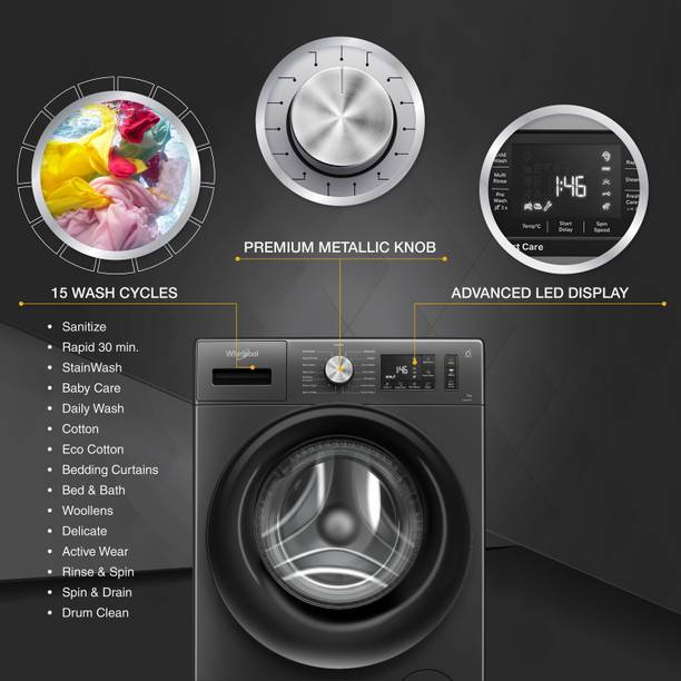 Whirlpool 7 kg 5 Star Inverter 100+ Tough Stains, Steam Technology, Fully Automatic Front Load Washing Machine with In-built Heater Grey