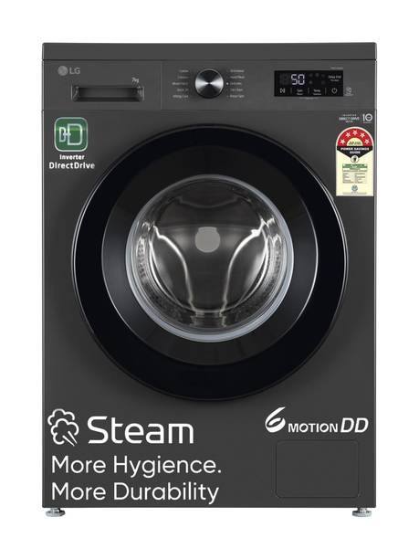 LG 7 kg 5 Star, Inverter Direct Drive Technology, 6 Motion DD, Reduce germs & allergens with steam cycles, In-built Heater & Touch Panel Fully Automatic Front Load Washing Machine with In-built Heater Black, Grey