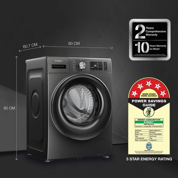 Whirlpool 7 kg 5 Star Inverter 100+ Tough Stains, Steam Technology, Fully Automatic Front Load Washing Machine with In-built Heater Grey