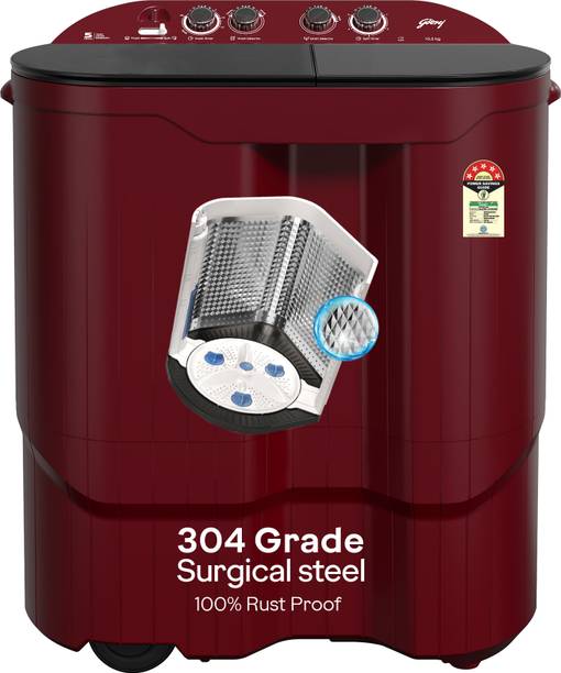 Godrej 10.5 Kg 5 Star, Toughened Glass Lid With Stainless Steel Drum, Drying at 1440 RPM Speed Semi Automatic Top Load Washing Machine Grey, Maroon