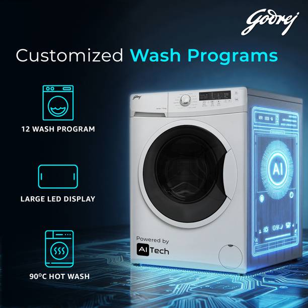 Godrej 7 kg FabriSafe Drum, AI Tech With Steam Wash Fully Automatic Front Load Washing Machine with In-built Heater White