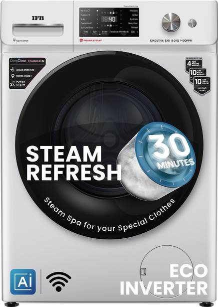 IFB 9 kg 5 Star with Steam Refresh program, 9 Swirl Wash, Eco Inverter, with AI Fully Automatic Front Load Washing Machine with In-built Heater Black, Silver