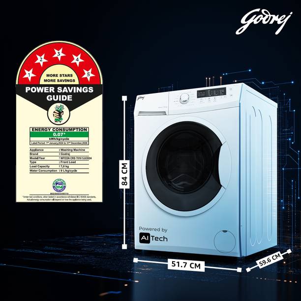 Godrej 7 kg FabriSafe Drum, AI Tech With Steam Wash Fully Automatic Front Load Washing Machine with In-built Heater White