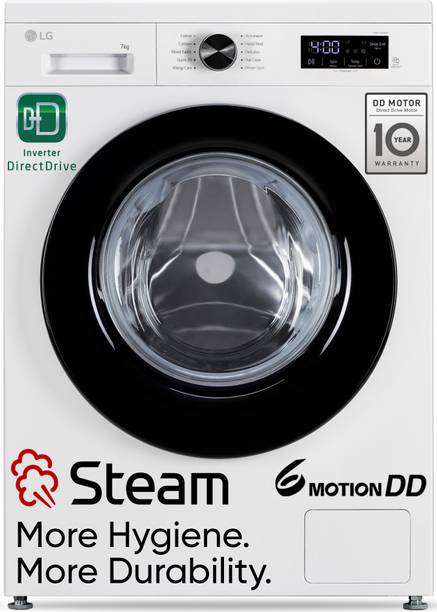 LG 7 kg 5 Star, Allergen free with Steam, Inverter Direct Drive - Less vibration, less noise, 6 Motion Direct Drive, 1200 RPM, Essence Fully Automatic Front Load Washing Machine with In-built Heater White