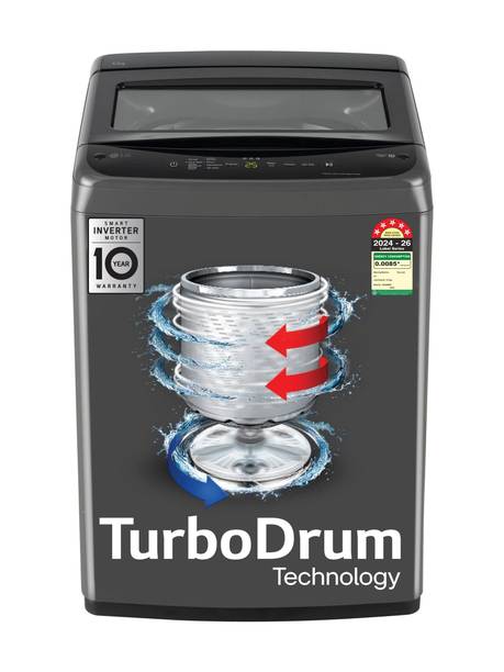 LG 8 kg 5 Star, Smart Inverter Technology, TurboDrum, Smart Diagnosis with Soft Closing Door Fully Automatic Top Load Washing Machine Black