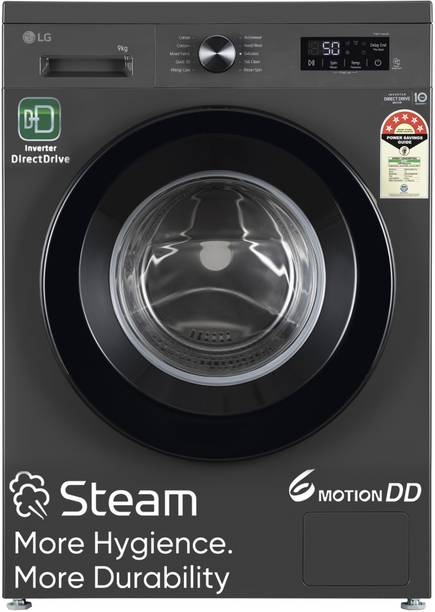 LG 9 kg 5 Star, Inverter Direct Drive Technology, 6 Motion DD, Reduce germs & allergens with steam cycles, In-built Heater, Touch Panel Fully Automatic Front Load Washing Machine with In-built Heater Black, Grey