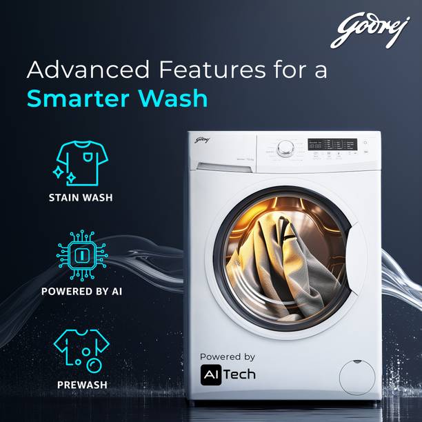 Godrej 7 kg FabriSafe Drum, AI Tech With Steam Wash Fully Automatic Front Load Washing Machine with In-built Heater White