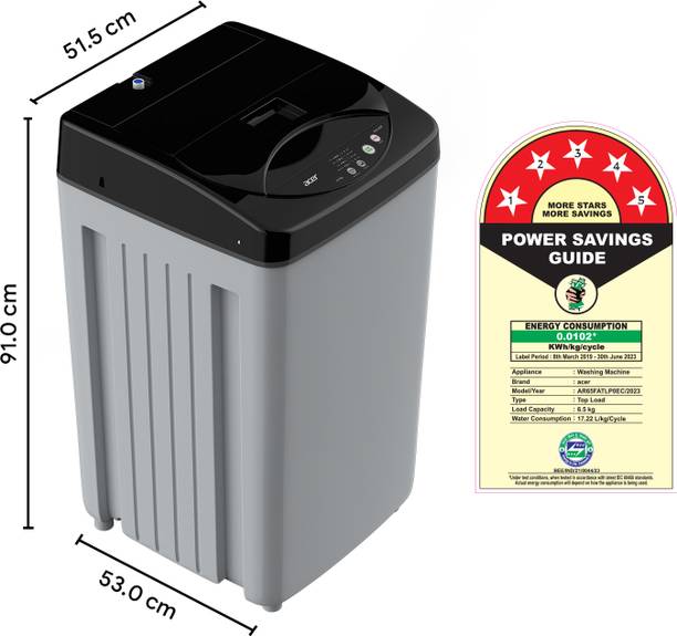 Acer 6.5 kg Quad Wash Series with AiSense, 5 Star Rating, AutoBalance, Hex-Fin Jet Pulsator, SwirlWash Tub, Fully Automatic Top Load Washing Machine Black, Grey