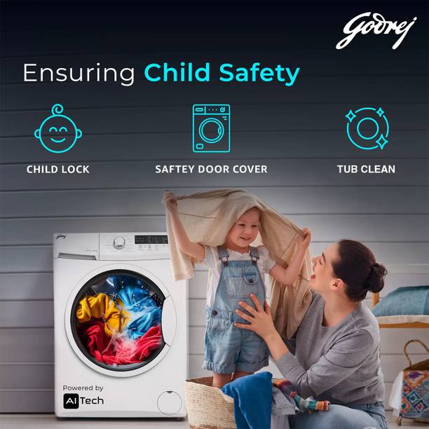 Godrej 7 kg FabriSafe Drum, AI Tech With Steam Wash Fully Automatic Front Load Washing Machine with In-built Heater White