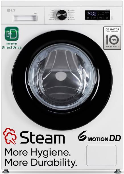 LG 8 kg 5 Star, Inverter Direct Drive Technology, 6 Motion DD, Allergen free with Steam Fully Automatic Front Load Washing Machine with In-built Heater White