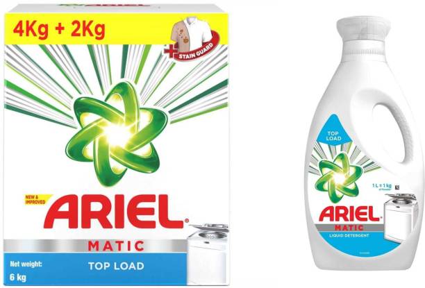 Ariel Matic Top Load Detergent Combo (Powder + Liquid) – 4 + 2 KG Washing Powder with 1 Liter Matic Liquid Free Detergent Powder 6 kg