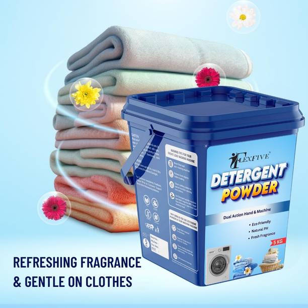 FLEXFIVE Detergent Powder 5kg bulk family washing pack tough stain remover. Detergent Powder (Fresh)