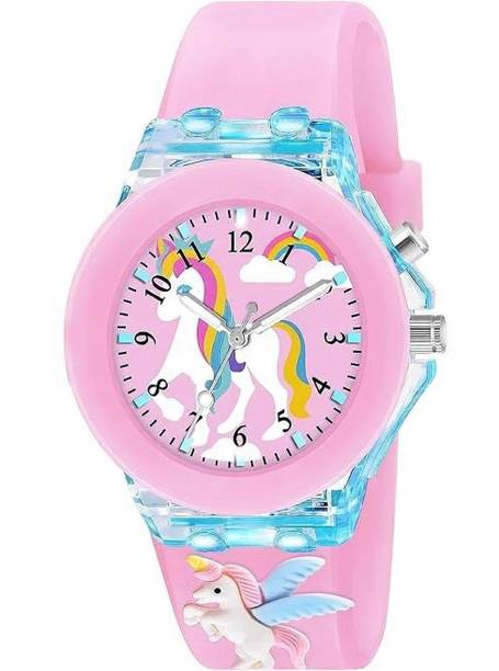3D Pink Unicorn Cartoon With Multicolor Lights Super Soft Silicone Strap Trendy Analog Watch  - For Boys & Girls Multicolor Lights 3D Cute Cartoon Multi Function Rubber Strap Watch For Kidd's