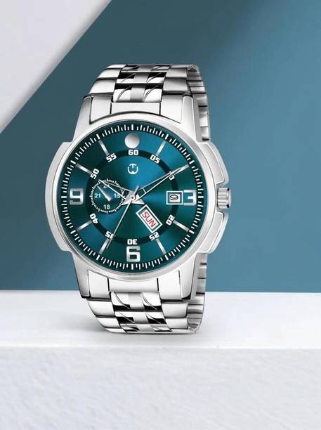 Men's Watch Silver Stainless Steel Chain Strap Green Gradient Day & Date Analog Watch  - For Men EH-226-GREEN
