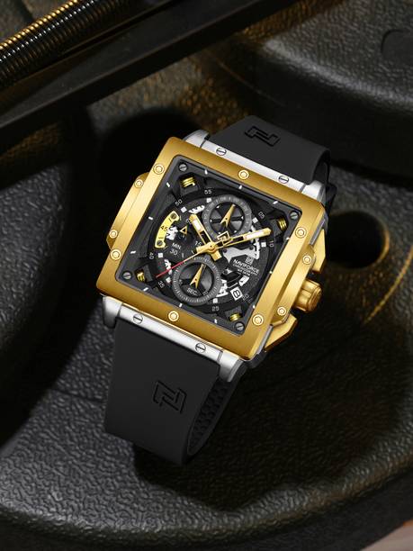 Elegant Square Silver& gold accents chronograph dial with Black Silicon strap Analog Watch - For Men NF8064 Unique Craftmanship