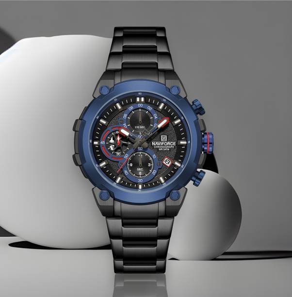 Blue choronograph dial with date window and black stainless steel Analog Watch - For Men NF8071 Rugged Watch with Date and Stopwatch Features