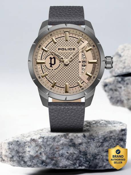 Police With Date Champagne Dial Grey LeatherStrap Analog Watch - For Men NEPLPEWJB2226903,NP1013YM09,NTPLPEWJB2226903