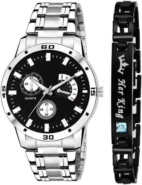 Analog Watch  - For Men New Stylish Combo Of Black Aveo Dial Stainless Steel Watch and Her King Bracelet