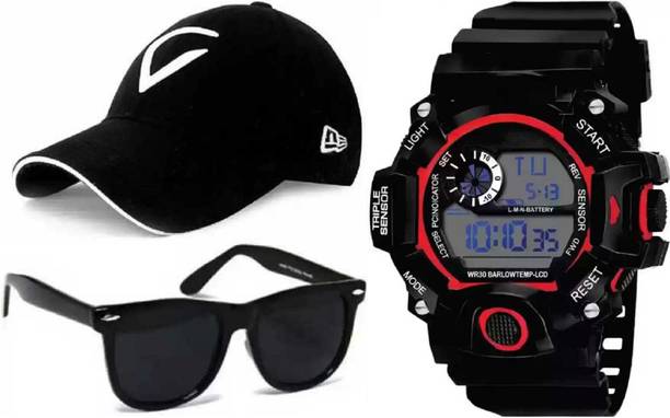 Digital Watch  - For Boys & Girls A SOLID STYLISH 7 LIGHT Digital Watch and viral white cap and black sun-glass - For unisex ( pack of 3 )