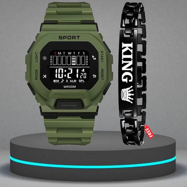 New Trendy Combo Silicon Strap Watch & King Printed Bracelet For Boys Digital Watch  - For Boys Men Square Digital Dial Sport Chronograph Stop Watch,Shockproof