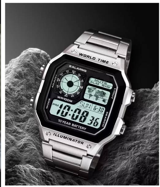 Men Watch Digital Watch - For Men Digital World Time Watch | 5 Alarms, World Map Display | Stainless Steel Strap