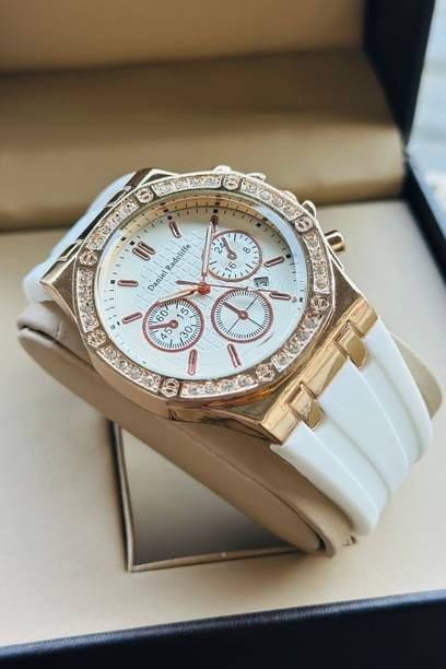 Lucifer DRM029 - WHITE Fashionable Rose gold Dial Diamond Date Display Watch - For Men Day & Date Function Softest Silicone Strap Stylish Analog Watch  - For Men