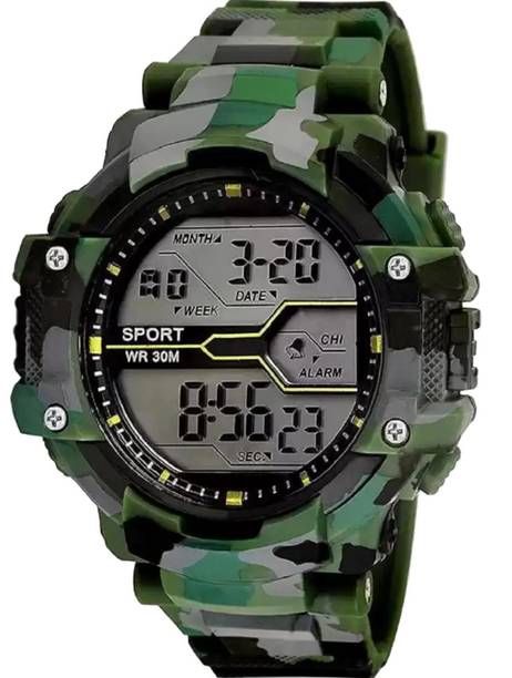 Watch PU Strap POP Colour Collage Look Water&Shock Resistance Alarm For Boys&Men Digital Watch  - For Boys T-1384 SKM Sport Digital Green Army Camouflage StylishLook Premium Quality Stop