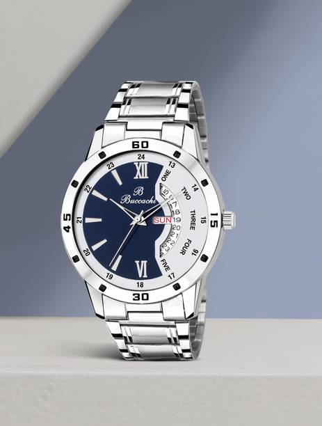 Buccachi White & Blue Dial Day & Date Watch for Men/Boys Analog Watch - For Men