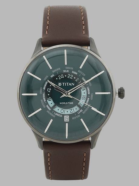 Titan World Time with Date Green Dial Brown LeatherStrap Analog Watch - For Men NT90145QL01,NU90145QL01