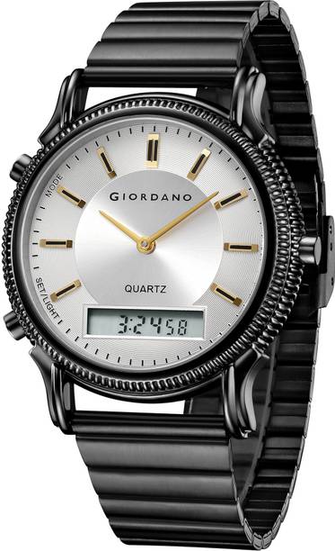 Analog-Digital Watch  - For Men Round Silver Dial with Dual Display, Black Stainless Steel Strap GZ-50209-11