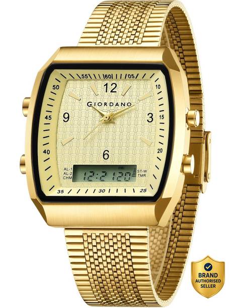 Analog-Digital Watch  - For Men Square Dual Time Display, Day Display, Gold Stainless Steel Strap - GZ-50219-44