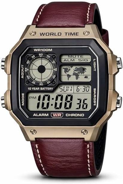 ArenCole Multi-Function Display with Alarm & Stopwatch, Illuminator Backlight Digital Watch  - For Men Men’s Leather Digital World Time Watch – Premium Retro Metal