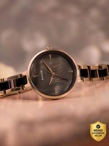 Sonata Black Dial Rose Gold & Black Stainless Steel Strap Analog Watch - For Women 87064KD01,NU87064KD01