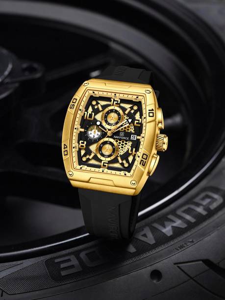 Black Gold Luminous Hollow Dial with three chrongraph function Analog Watch - For Men NF8052 Barrel-shaped silicone strap timepeice