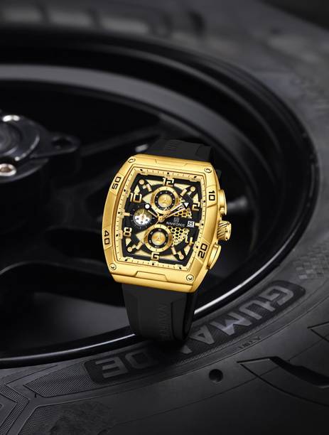 Black Gold Luminous Hollow Dial with three chrongraph function Analog Watch - For Men NF8052 Barrel-shaped silicone strap timepeice