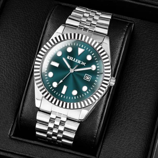 RLX SERIES Unisex Date Function Working Free Size Adjustable Chain Lock Premium Analog Watch  - For Men KILLR-703-TEAL-SILVER