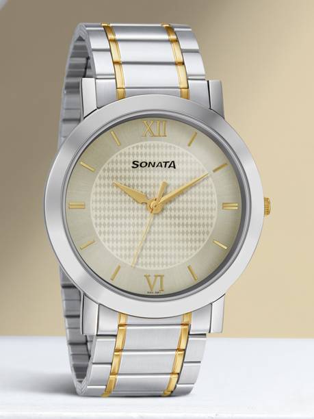 Sonata Champagne Dial Silver & Gold Stainless Steel Strap Analog Watch - For Men NT77108BM01W