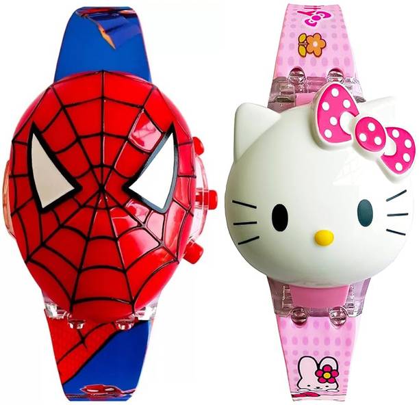 DKERAOD Spiderman & Hello Kitty Combo Boys & Girls Best Combo Watches With Music And Disco Lights Cartoon Character Digital Watch  - For Boys & Girls