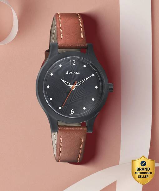 Sonata EStainless Steelentials Black Dial Tan Leather Strap Analog Watch - For Women NT87030PL04W,NU87030PL04W